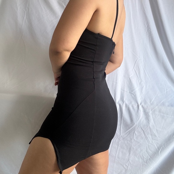 Black Windsor Slit Asymmetrical Strap Mini Dress - Picture 2 of 5